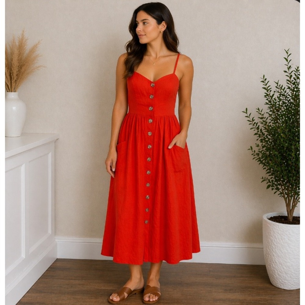 Cooperative Button Front Midi Dress Large Red‎ Linen Blend Pockets Cottagecore